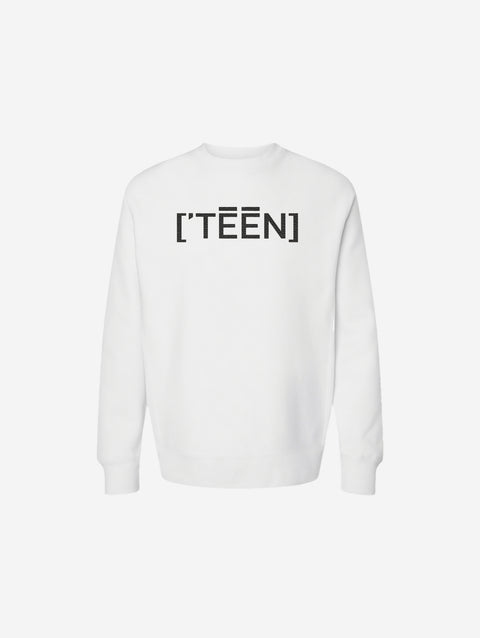 A clean white cross-grain crewneck sweatshirt showcasing the bold ['TEEN] logo in black for a fresh and modern aesthetic.