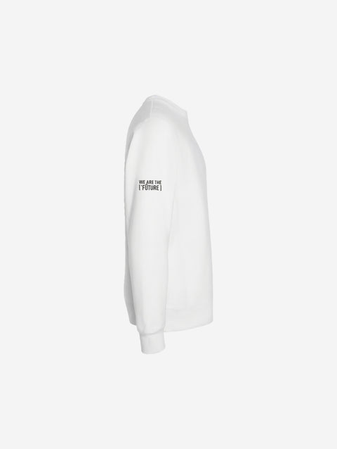 A clean white cross-grain crewneck sweatshirt showcasing the bold ['TEEN] logo in black for a fresh and modern aesthetic.