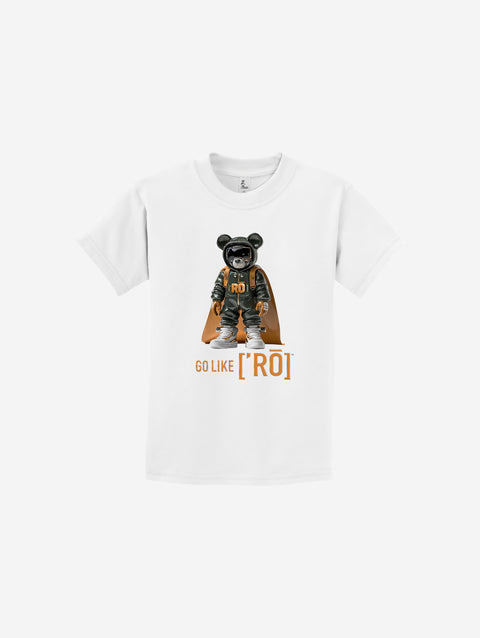 A crisp white youth t-shirt with the signature ['ro] bear design and empowering "Go Like ['RO]" slogan. Perfect for casual wear.