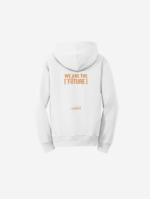 A crisp white fleece pullover sweatshirt with the ['RO] bear design, offering a clean and classic look for kids.