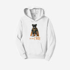 A crisp white fleece pullover sweatshirt with the ['RO] bear design, offering a clean and classic look for kids.