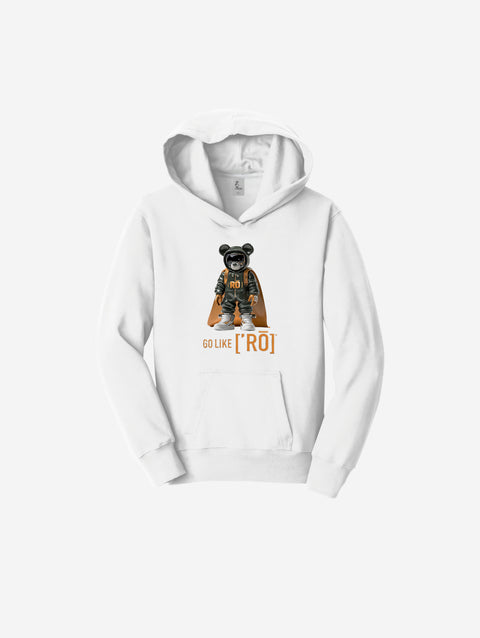 A crisp white fleece pullover sweatshirt with the ['RO] bear design, offering a clean and classic look for kids.