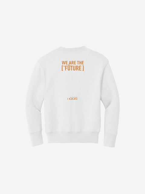 Crisp white youth fleece sweatshirt with the signature ['RŌ] bear logo, offering classic, minimalist style and premium comfort.