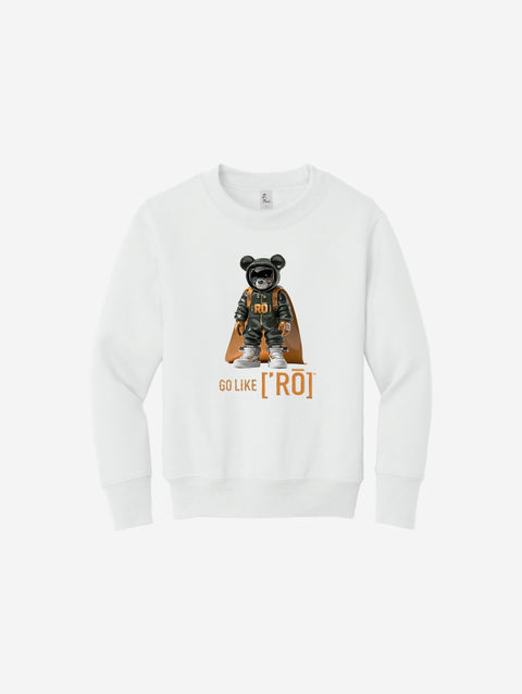 Crisp white youth fleece sweatshirt with the signature ['RŌ] bear logo, offering classic, minimalist style and premium comfort.