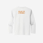 ['RŌ] Youth long sleeve performance tee in crisp white, adorned with the astronaut bear design. Perfect for layering or standalone wear with breathable comfort.