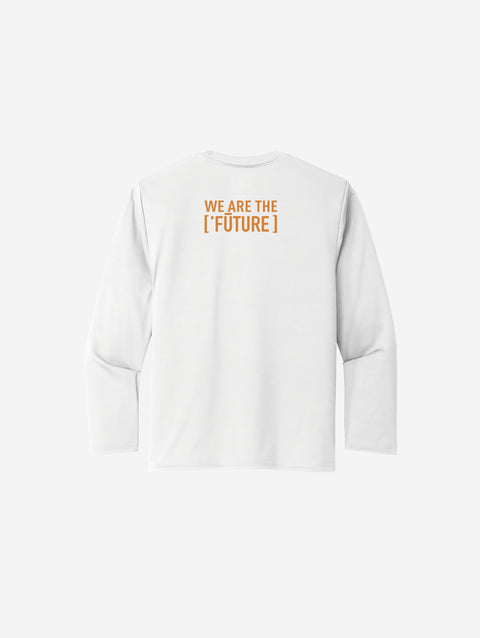 ['RŌ] Youth long sleeve performance tee in crisp white, adorned with the astronaut bear design. Perfect for layering or standalone wear with breathable comfort.
