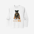 ['RŌ] Youth long sleeve performance tee in crisp white, adorned with the astronaut bear design. Perfect for layering or standalone wear with breathable comfort.