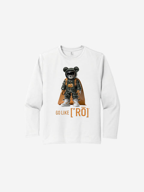 ['RŌ] Youth long sleeve performance tee in crisp white, adorned with the astronaut bear design. Perfect for layering or standalone wear with breathable comfort.