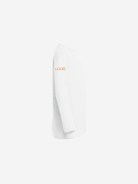 ['RŌ] Youth long sleeve performance tee in crisp white, adorned with the astronaut bear design. Perfect for layering or standalone wear with breathable comfort.