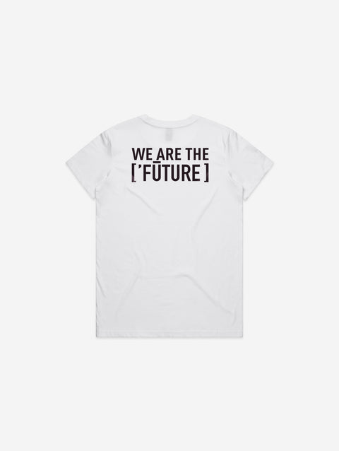 A white t-shirt featuring a minimalistic design with the 'Lil Hū' logo on the chest, adding a playful yet classic touch to any casual look.