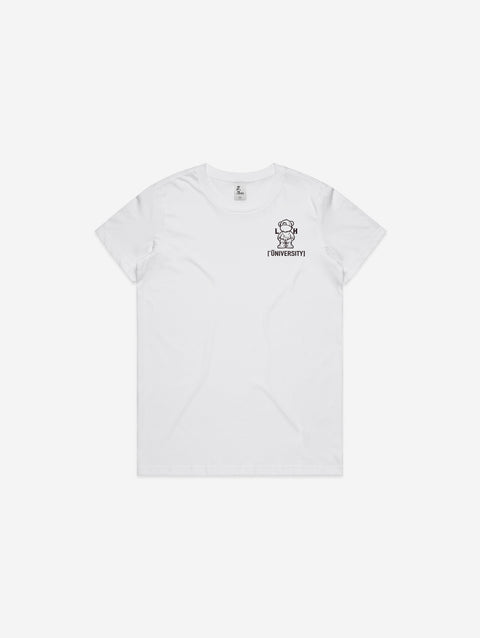 A white t-shirt featuring a minimalistic design with the 'Lil Hū' logo on the chest, adding a playful yet classic touch to any casual look.