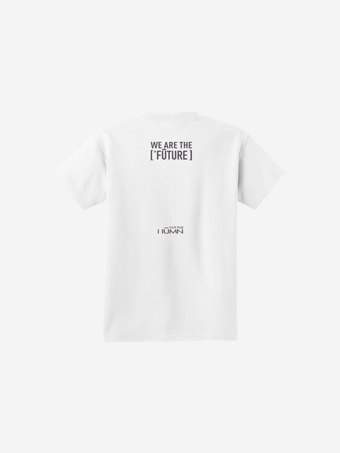 A crisp white youth essential tee with the ['LIT·TLE] HŪMN bear, offering clean and classic style.