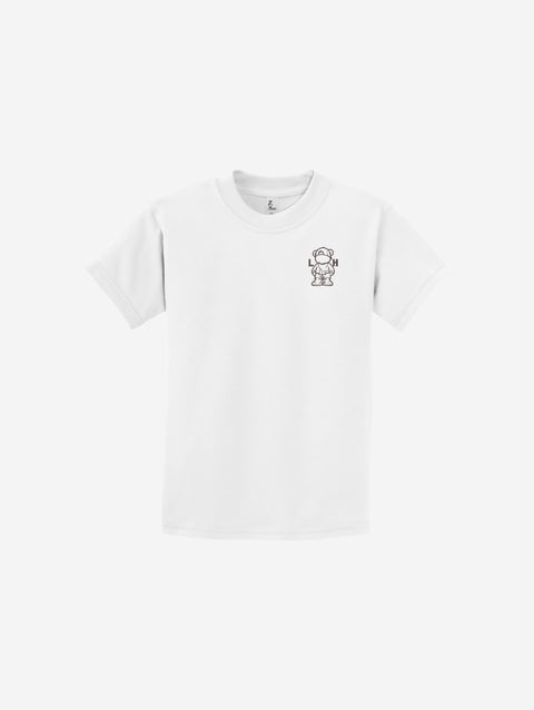 A crisp white youth essential tee with the ['LIT·TLE] HŪMN bear, offering clean and classic style.