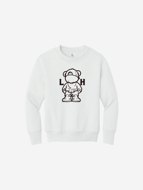 Youth fleece sweatshirt in crisp white, showcasing the playful LH mascot design in black. Clean and classic for any occasion.
