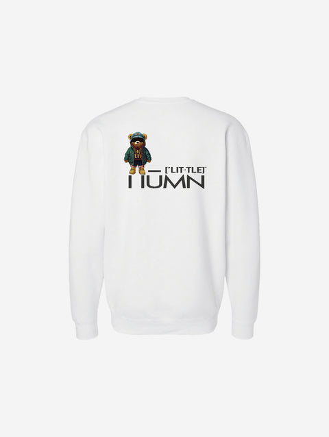 A white crewneck sweatshirt paired with the ['TEEN] logo in black, offering a fresh and versatile look.
