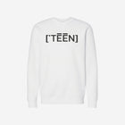 A white crewneck sweatshirt paired with the ['TEEN] logo in black, offering a fresh and versatile look.