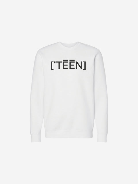 A white crewneck sweatshirt paired with the ['TEEN] logo in black, offering a fresh and versatile look.