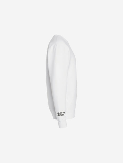 A white crewneck sweatshirt paired with the ['TEEN] logo in black, offering a fresh and versatile look.