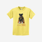 A light pastel yellow youth t-shirt featuring the ['ro] bear artwork and motivational "Go Like ['RO]" logo, ideal for a cheerful aesthetic.